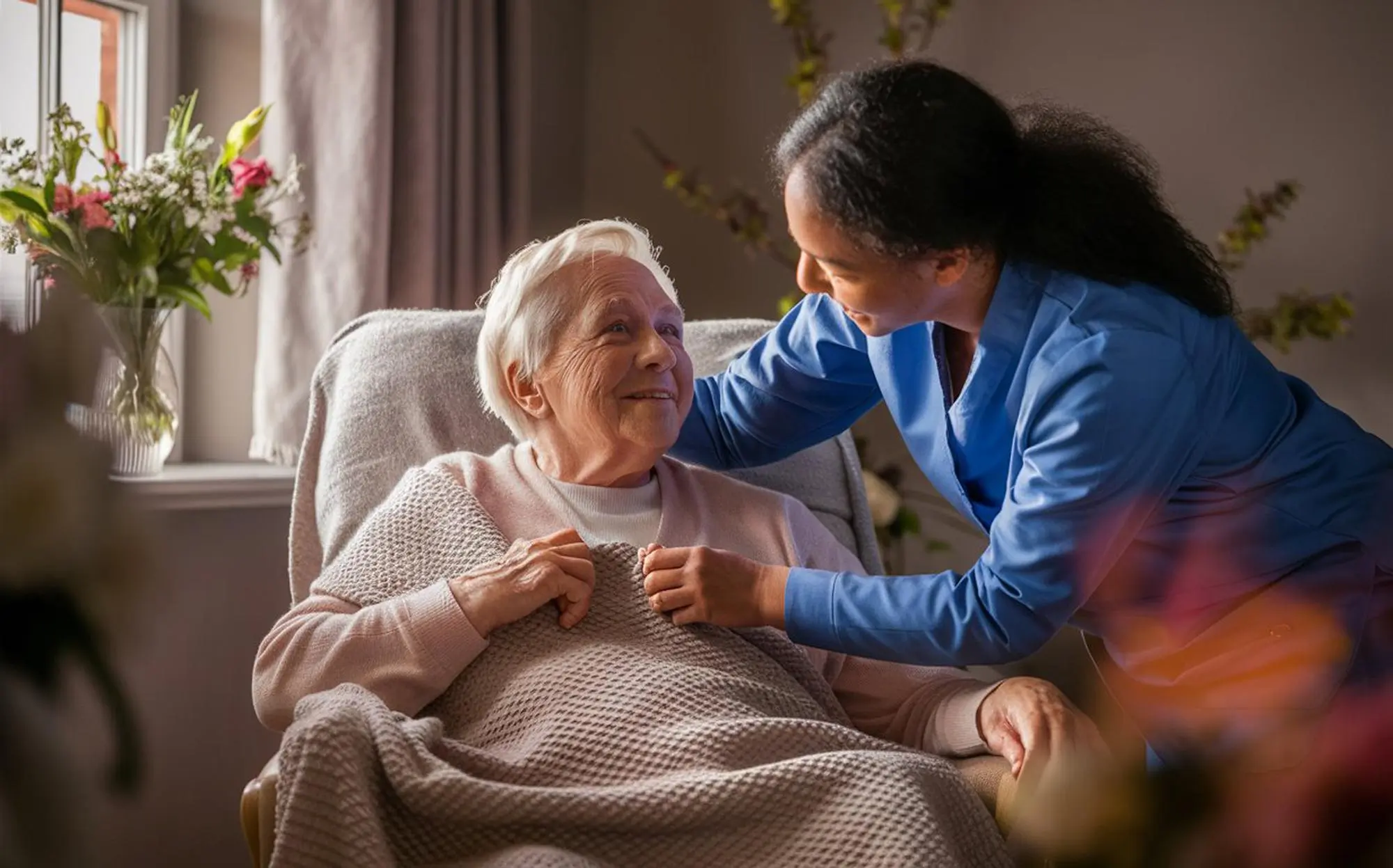 A CarePoint caregiver settling a senior client comfortably at home in New Jersey