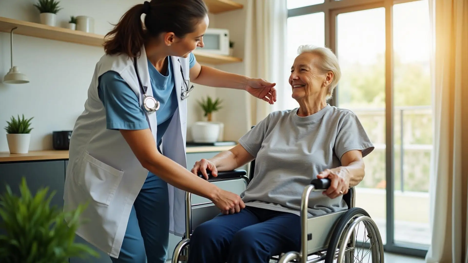 A support professional with a client and family member at home